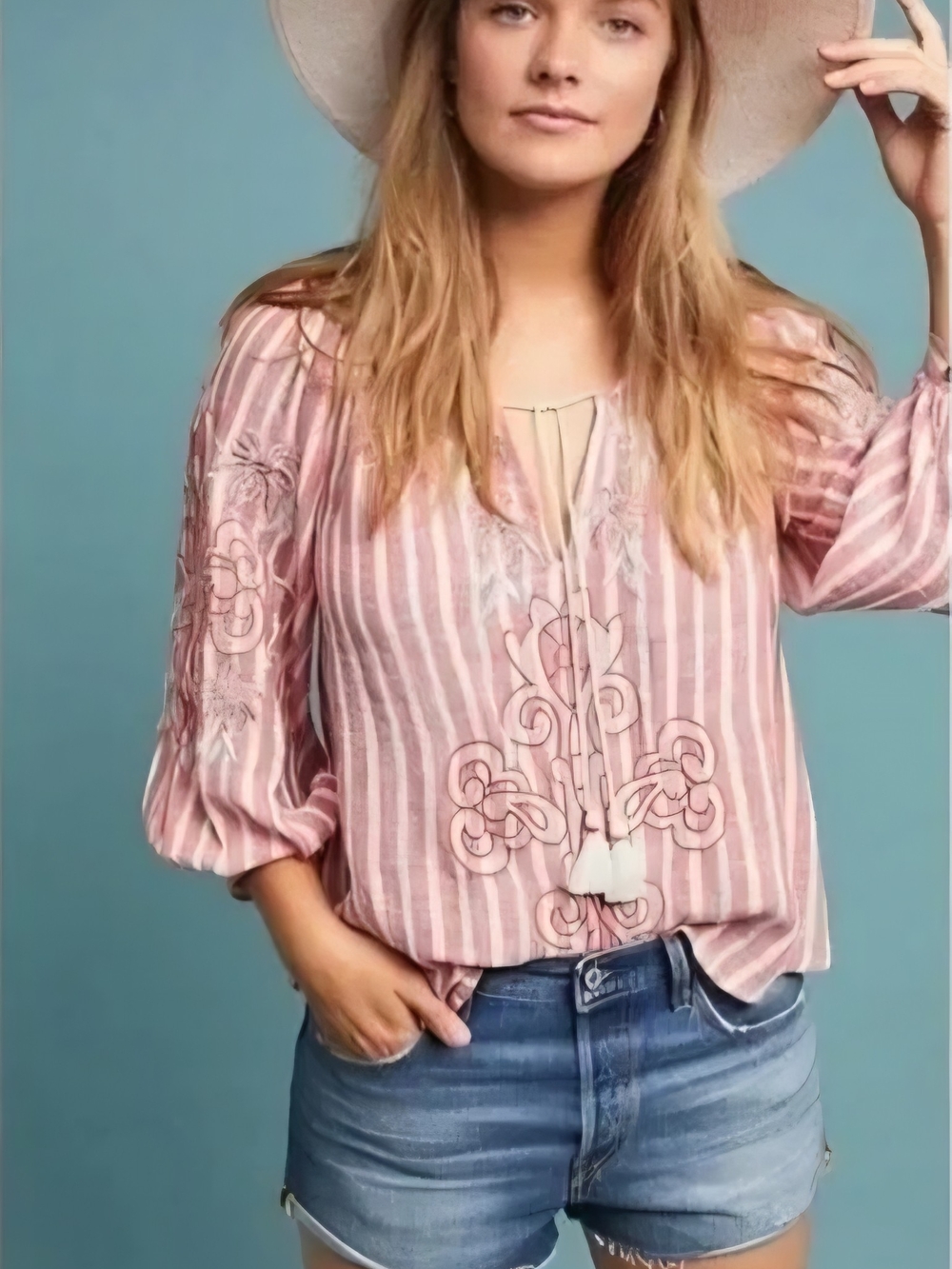 Anthropologie Rose-Striped Embroidered Peasant Blouse